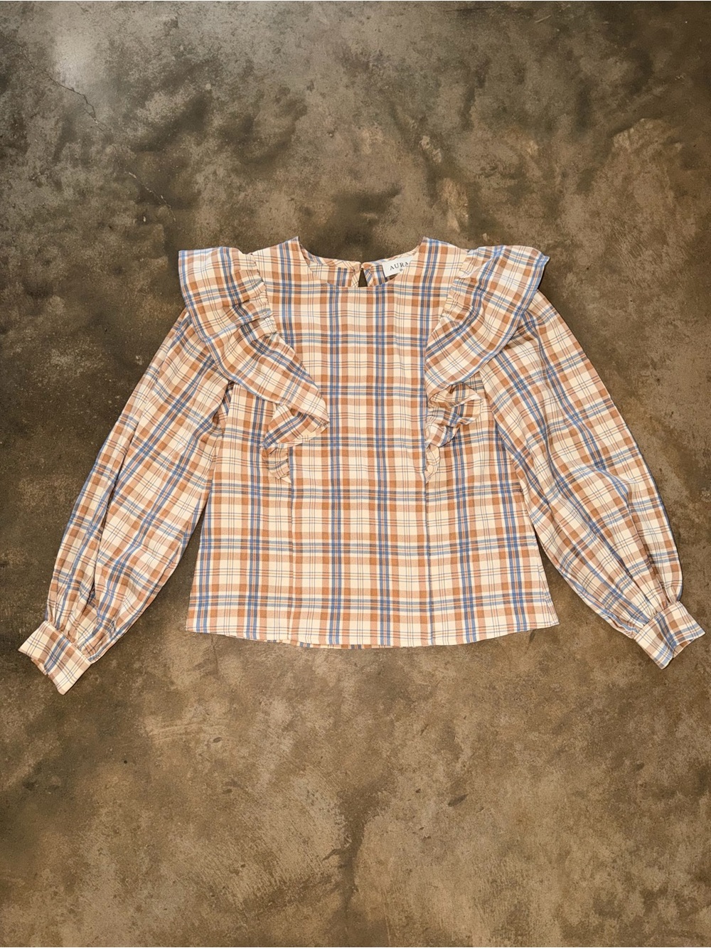 NWOT Aura XS Plaid Ruffle Blouse Blue Brown Balloon Sleeve Cottagecore